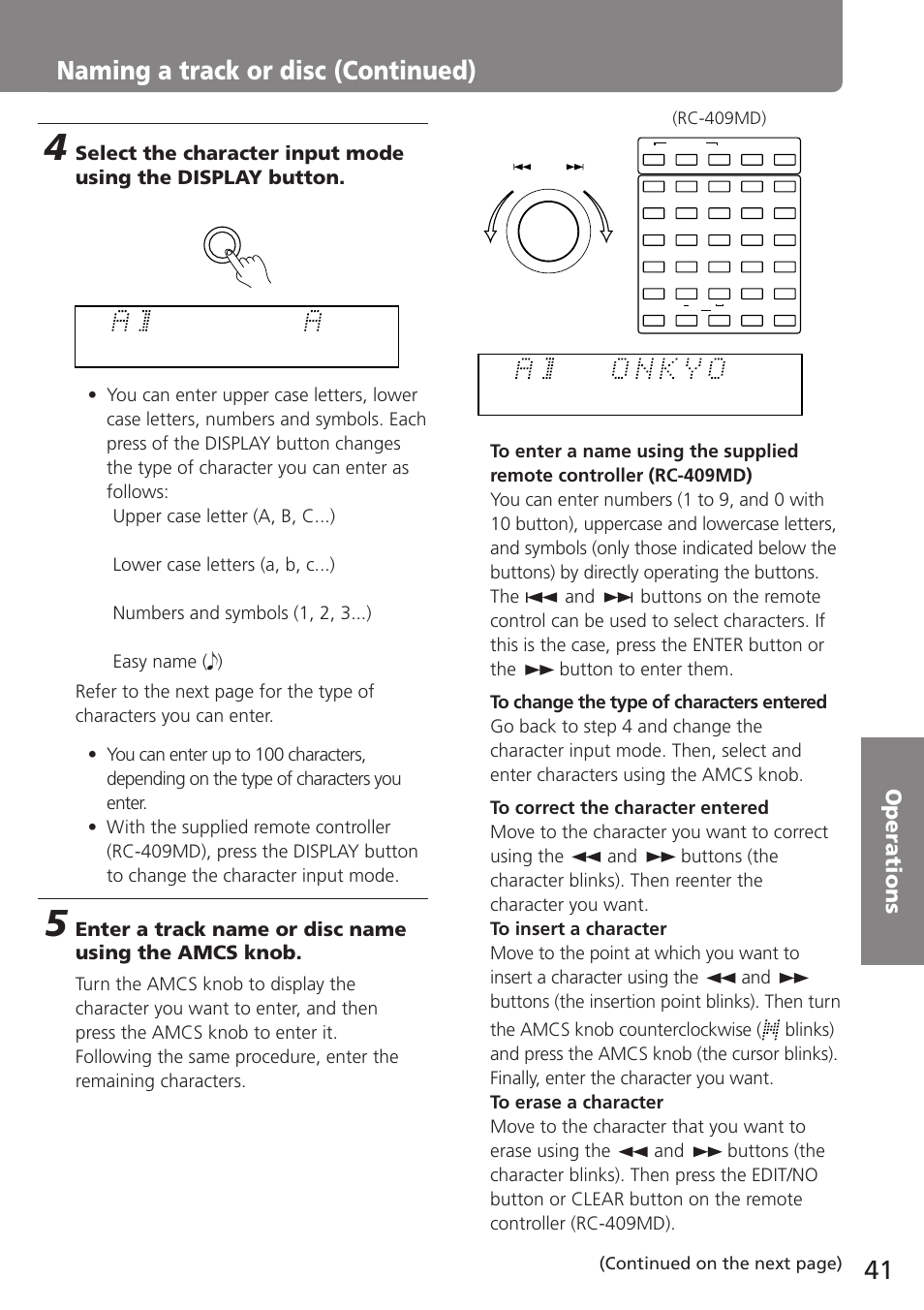 Naming a track or disc (continued), Rc-409md) (continued on the next page) | Onkyo MD-105TX User Manual | Page 41 / 52