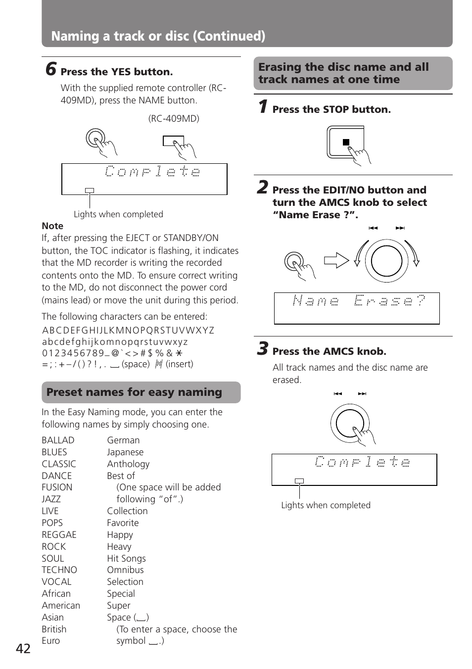 Naming a track or disc (continued), Preset names for easy naming | Onkyo MD-105TX User Manual | Page 42 / 52