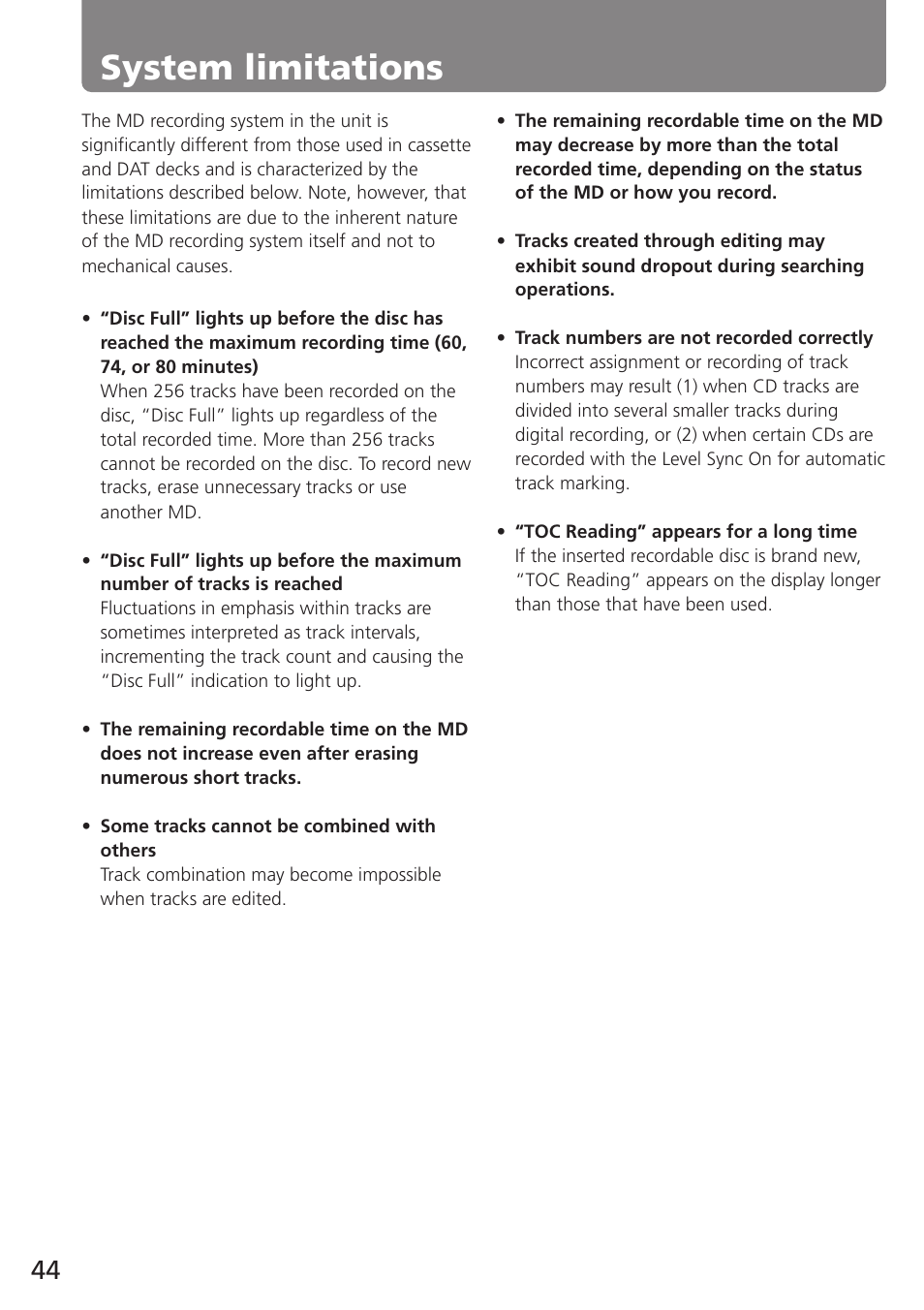 System limitations | Onkyo MD-105TX User Manual | Page 44 / 52