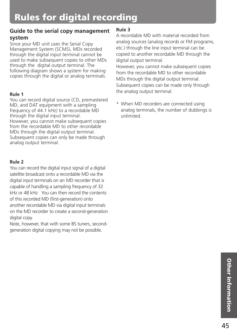 Rules for digital recording | Onkyo MD-105TX User Manual | Page 45 / 52