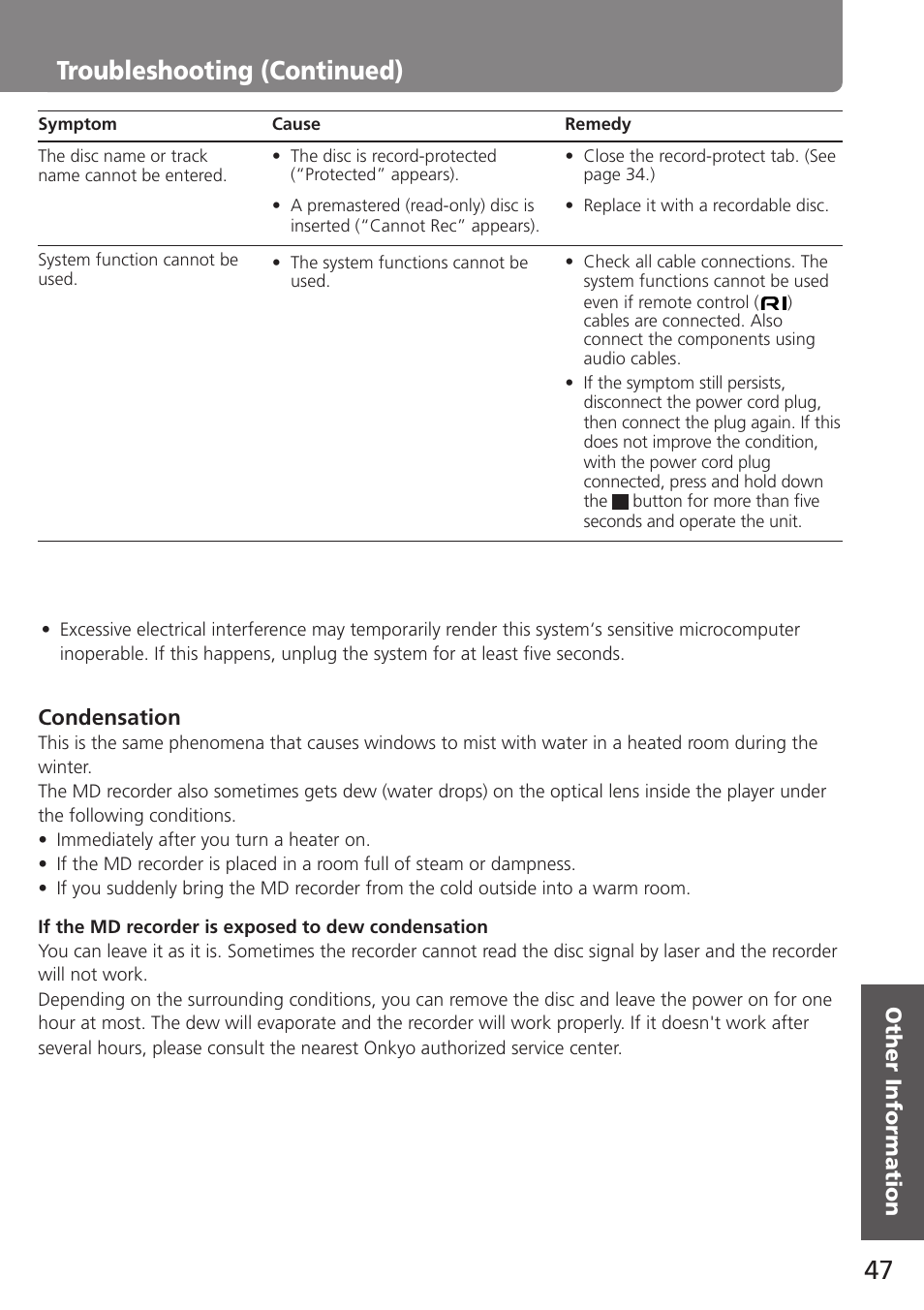 Troubleshooting (continued) | Onkyo MD-105TX User Manual | Page 47 / 52