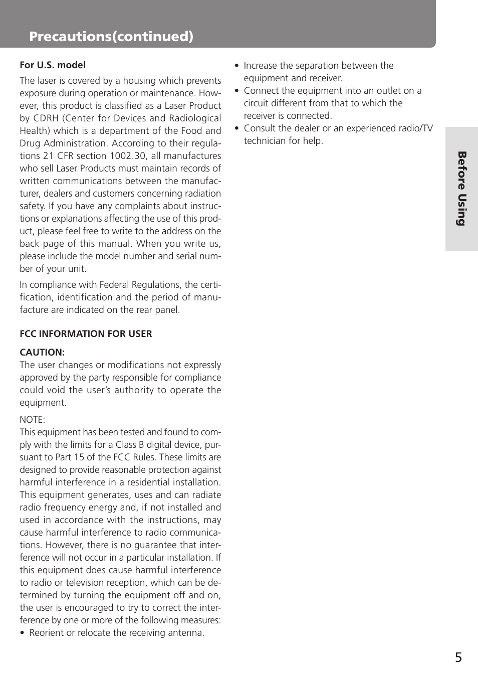 Precautions(continued) | Onkyo MD-105TX User Manual | Page 5 / 52