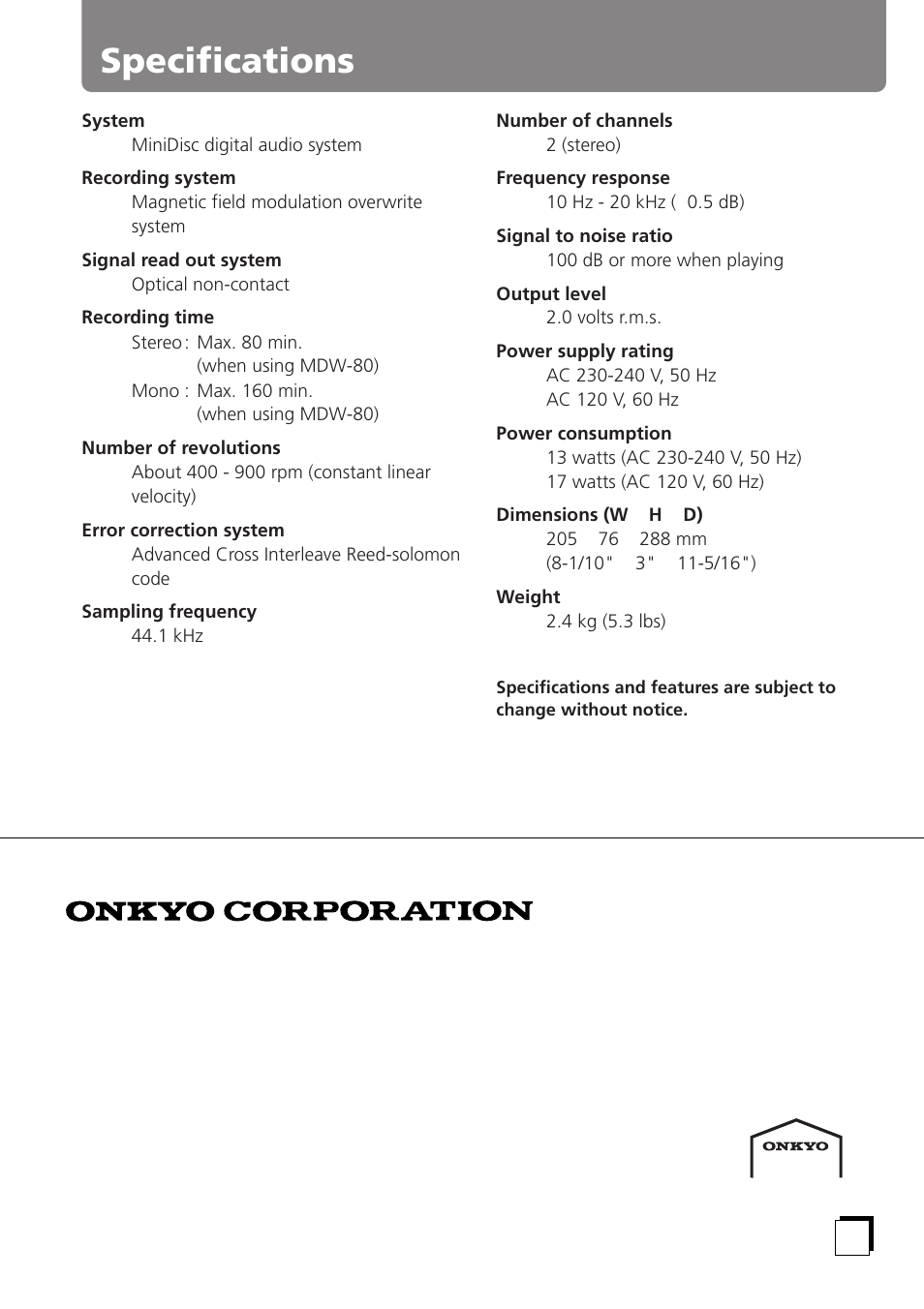 Specifications | Onkyo MD-105TX User Manual | Page 52 / 52