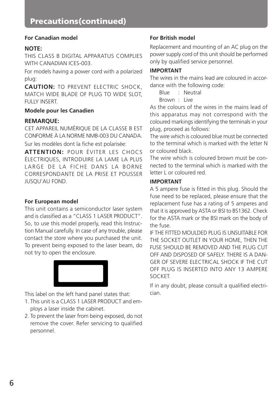 6precautions(continued) | Onkyo MD-105TX User Manual | Page 6 / 52