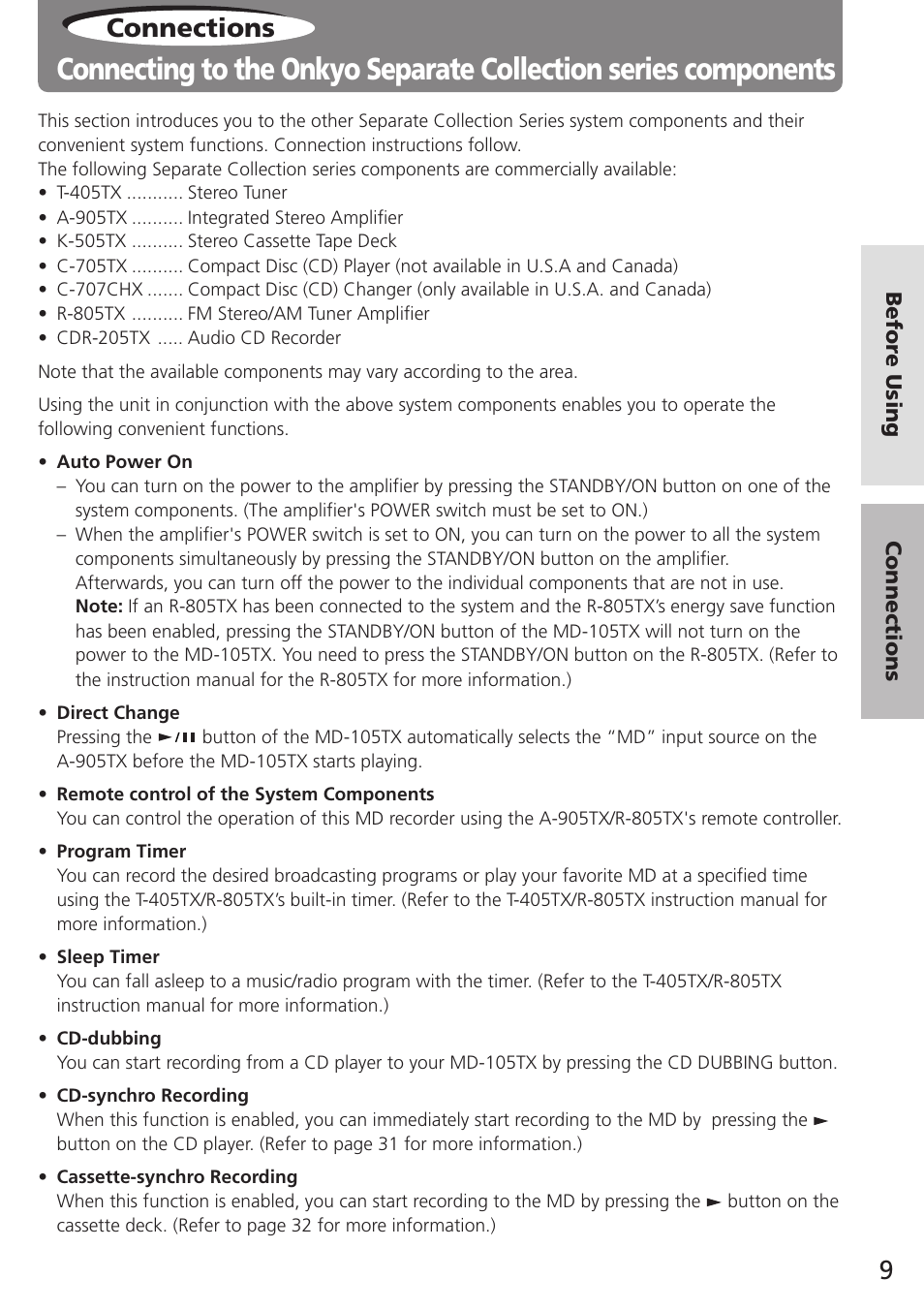 Connections | Onkyo MD-105TX User Manual | Page 9 / 52