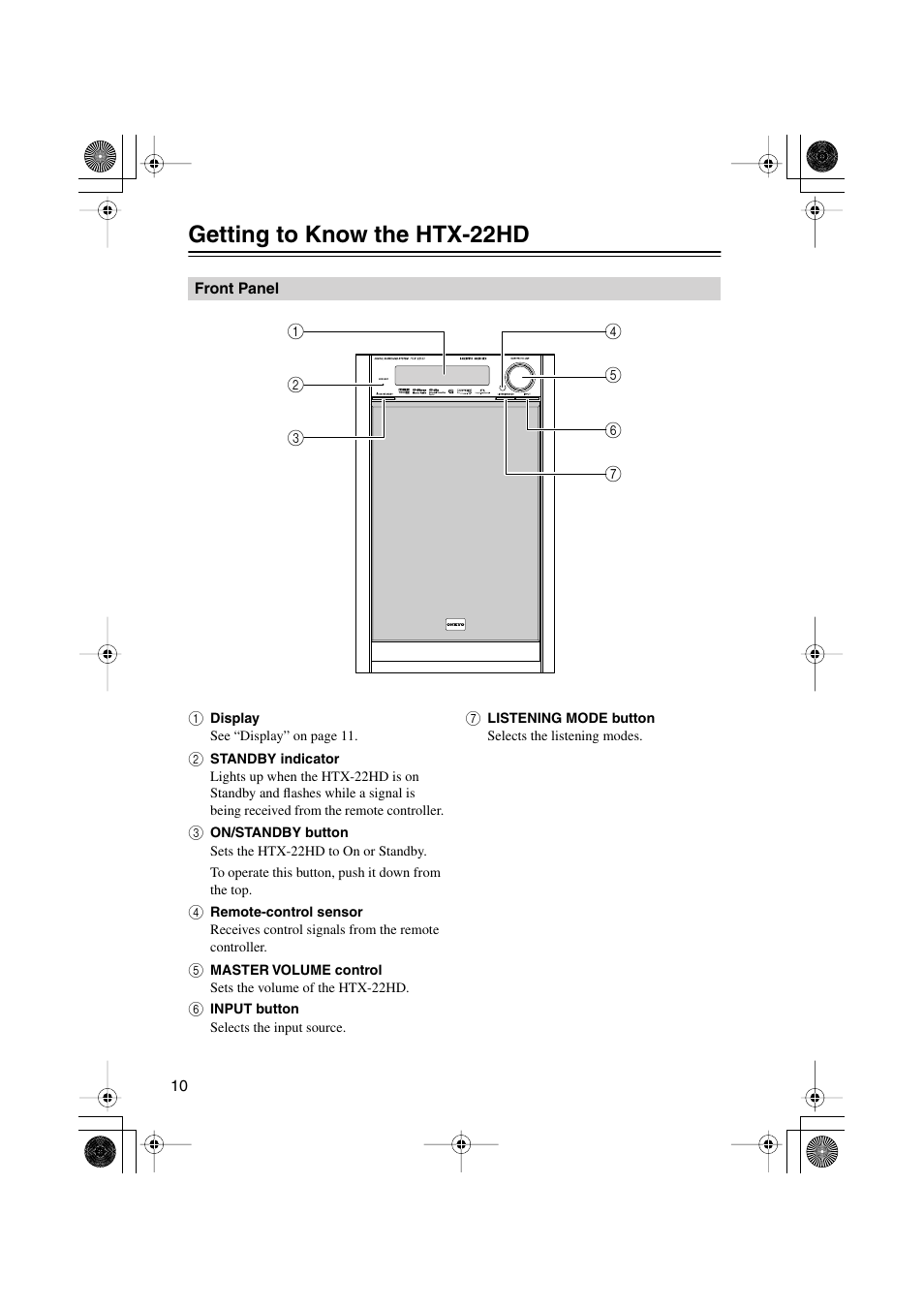 Getting to know the htx-22hd, Front panel | Onkyo HTX-22HD User Manual | Page 10 / 76