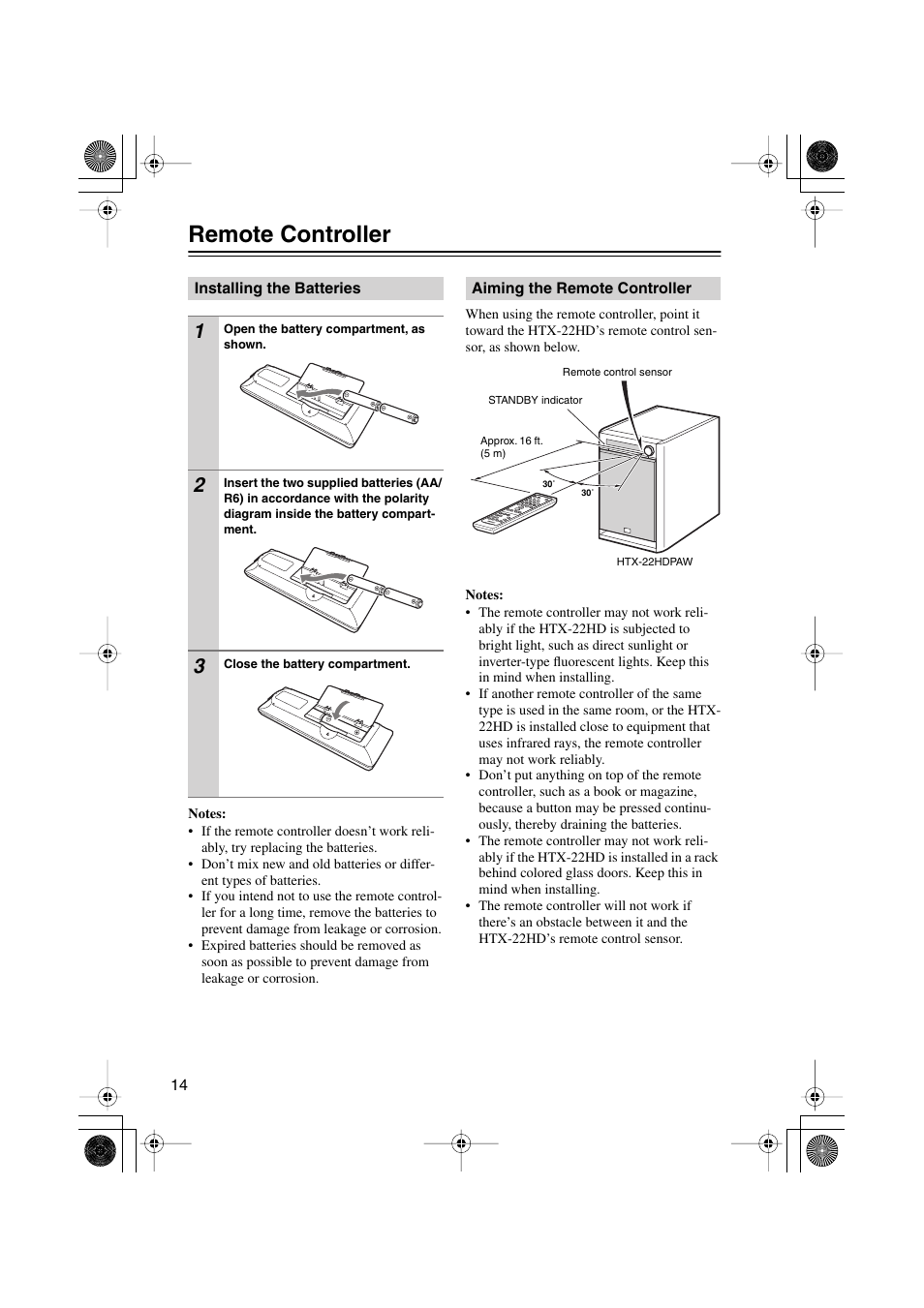 Remote controller, Installing the batteries, Aiming the remote controller | Onkyo HTX-22HD User Manual | Page 14 / 76