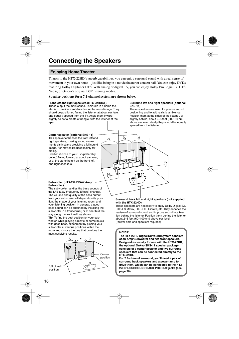 Connecting the speakers, Enjoying home theater, Connections | Onkyo HTX-22HD User Manual | Page 16 / 76