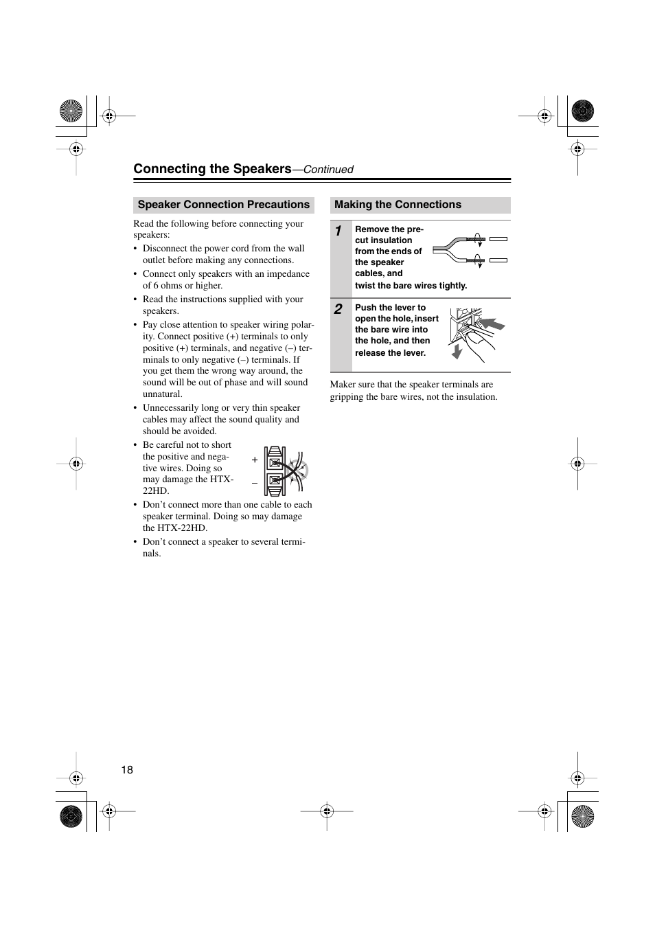 Speaker connection precautions, Making the connections, Connecting the speakers | Onkyo HTX-22HD User Manual | Page 18 / 76