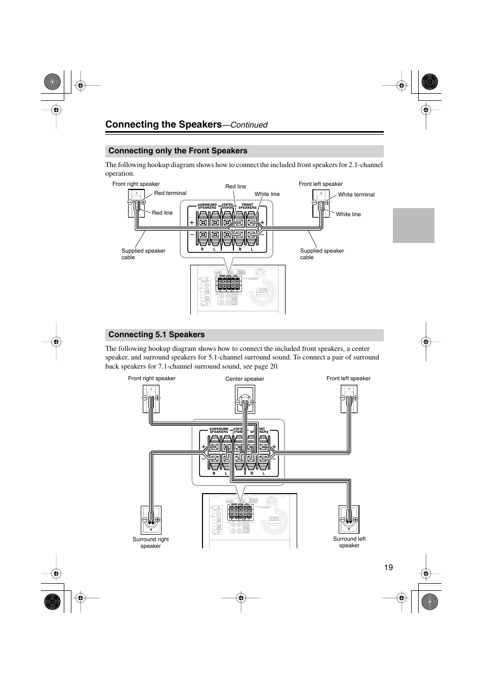 Connecting only the front speakers, Connecting 5.1 speakers, Connecting the speakers | Onkyo HTX-22HD User Manual | Page 19 / 76