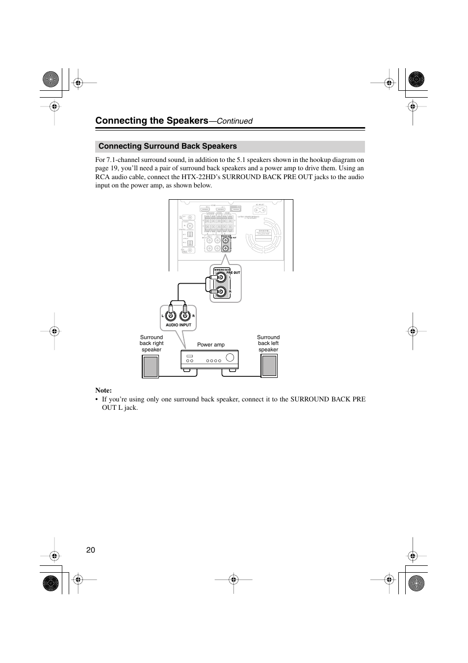 Connecting surround back speakers, Connecting the speakers | Onkyo HTX-22HD User Manual | Page 20 / 76