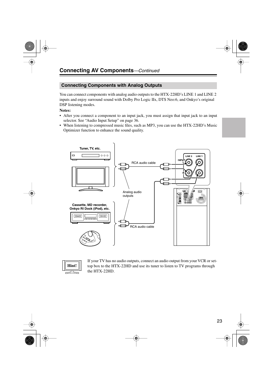 Connecting components with analog outputs, Connecting components, With analog outputs | Connecting av components | Onkyo HTX-22HD User Manual | Page 23 / 76