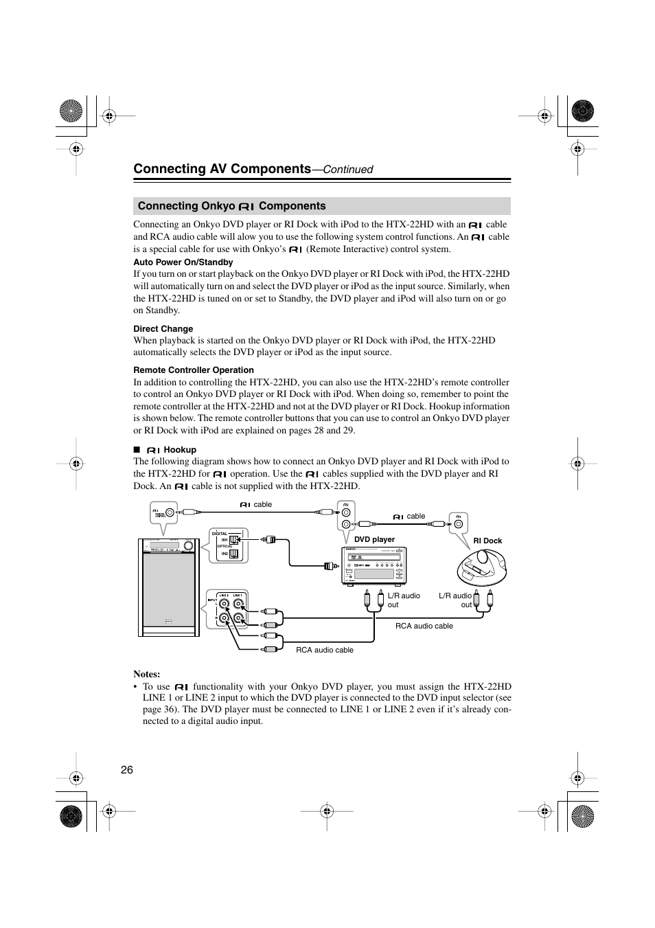 Connecting onkyo components, Hookup, Connecting onkyo | Connecting av components | Onkyo HTX-22HD User Manual | Page 26 / 76