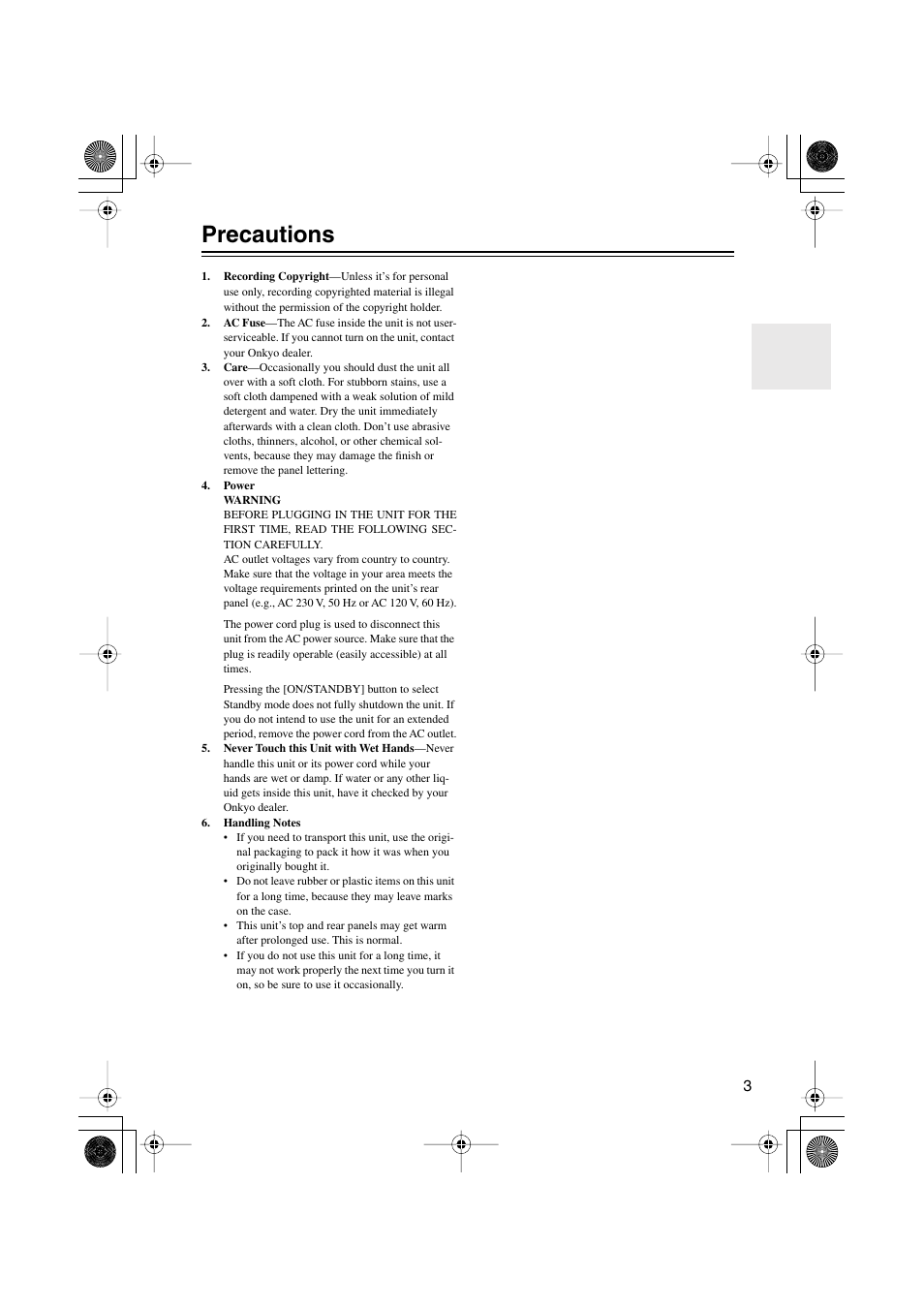 Precautions | Onkyo HTX-22HD User Manual | Page 3 / 76