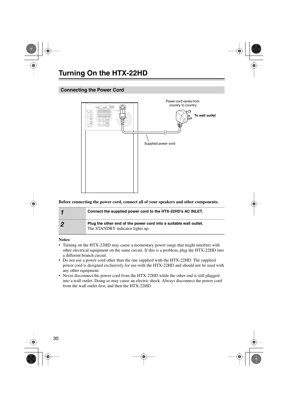 Turning on the htx-22hd, Connecting the power cord, Turning on & first time setup | Onkyo HTX-22HD User Manual | Page 30 / 76