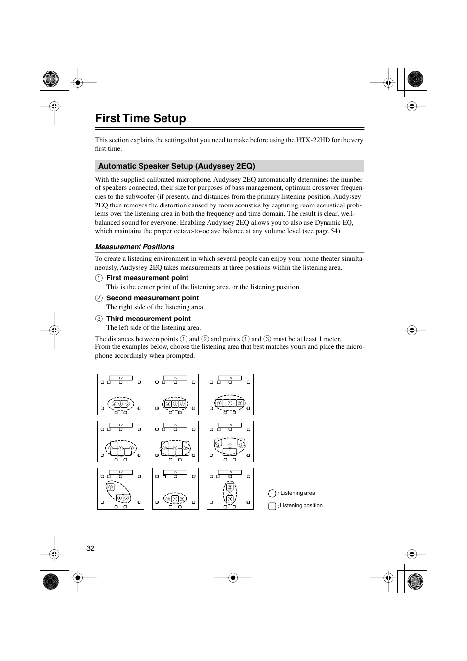 First time setup, Automatic speaker setup (audyssey2eq), Automatic speaker setup | Audyssey 2eq) | Onkyo HTX-22HD User Manual | Page 32 / 76