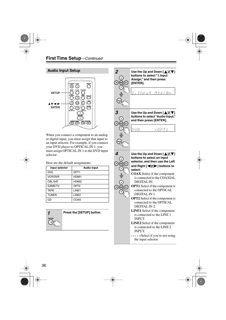 Audio input setup, First time setup | Onkyo HTX-22HD User Manual | Page 36 / 76