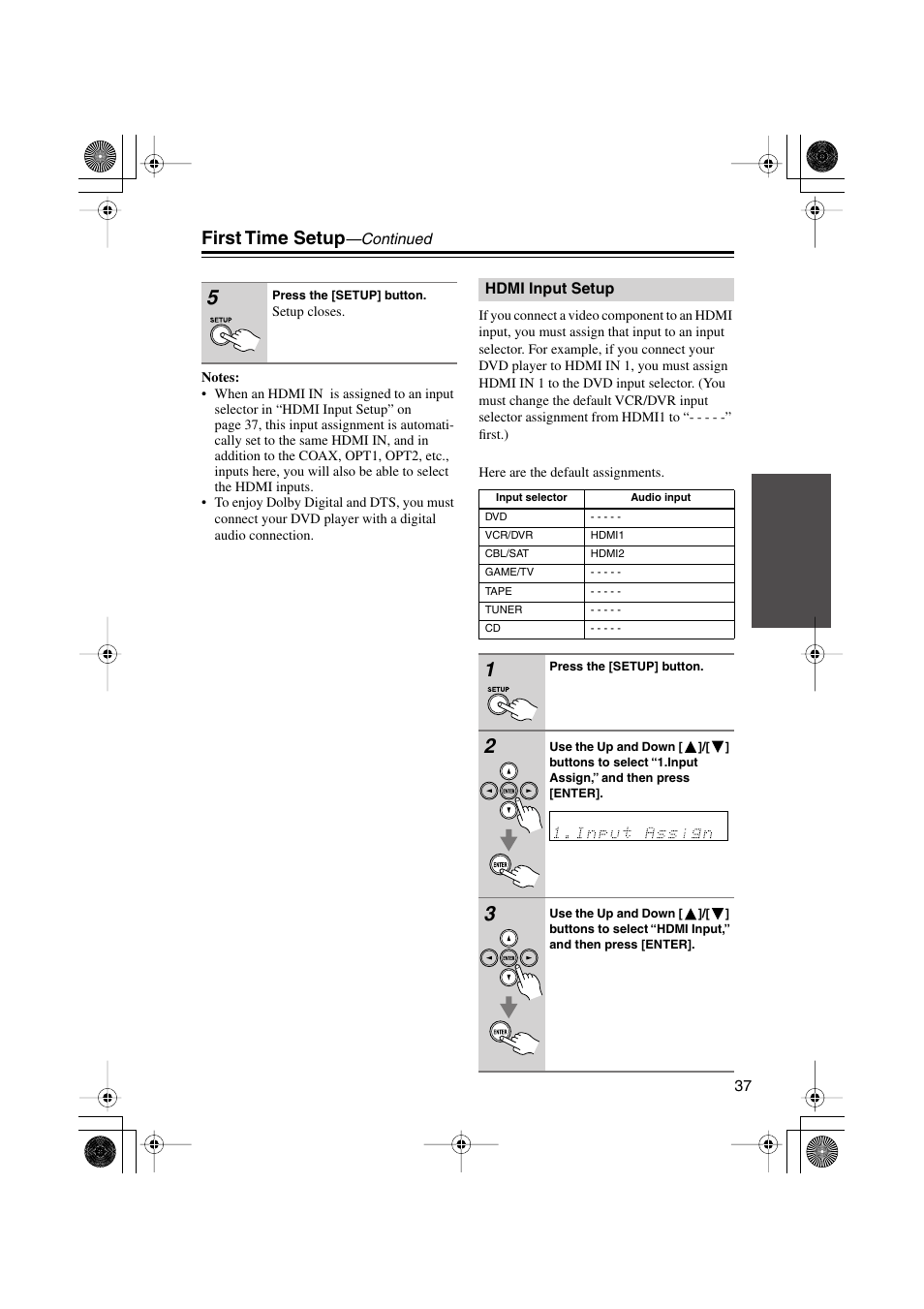 Hdmi input setup, First time setup | Onkyo HTX-22HD User Manual | Page 37 / 76