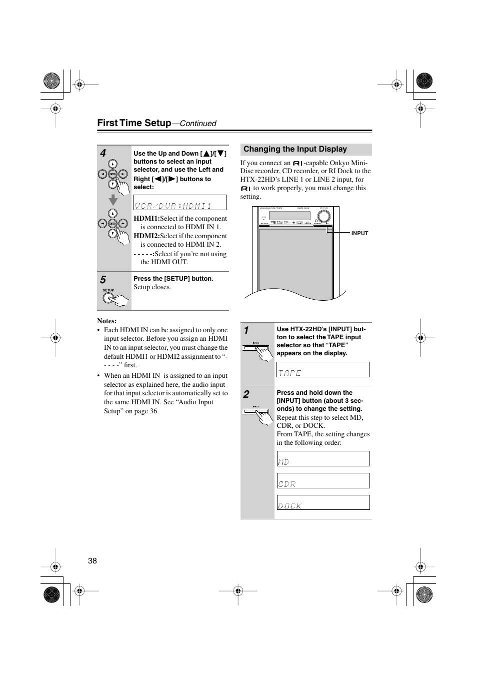 Changing the input display, First time setup | Onkyo HTX-22HD User Manual | Page 38 / 76