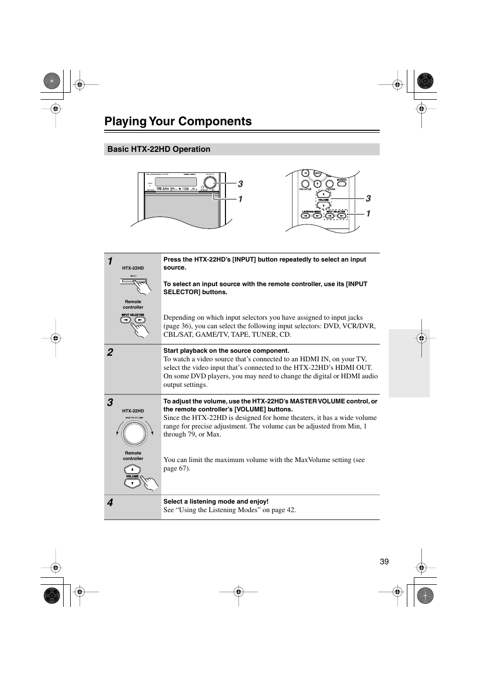 Playing your components, Basic htx-22hd operation, Playing your av components | Onkyo HTX-22HD User Manual | Page 39 / 76