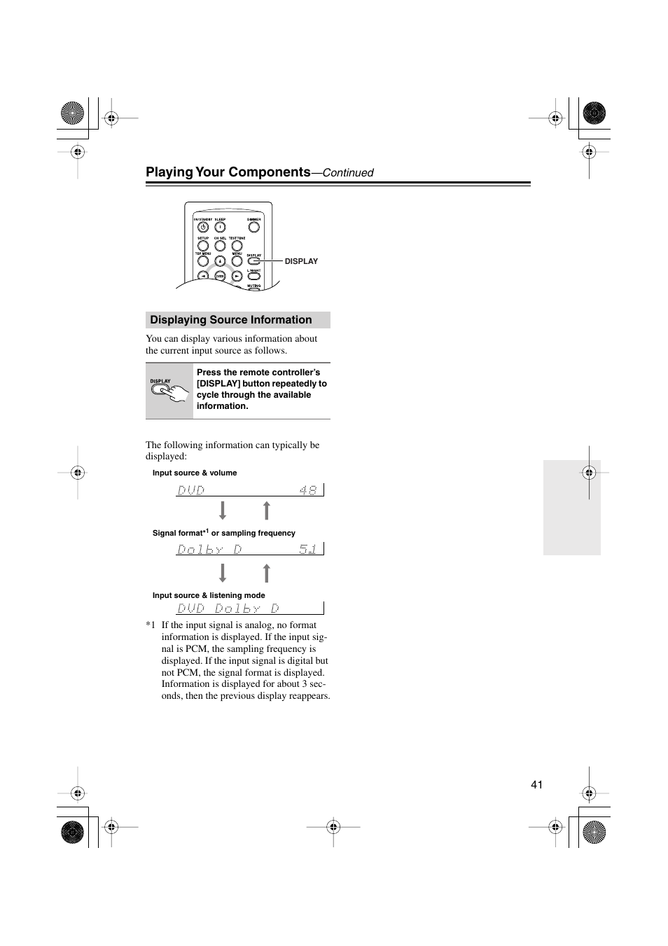 Displaying source information, Playing your components | Onkyo HTX-22HD User Manual | Page 41 / 76