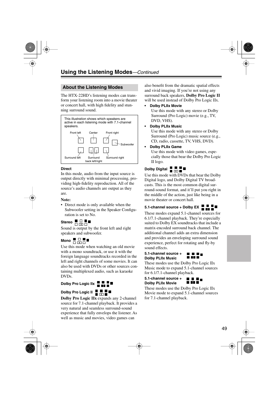 About the listening modes, Using the listening modes | Onkyo HTX-22HD User Manual | Page 49 / 76