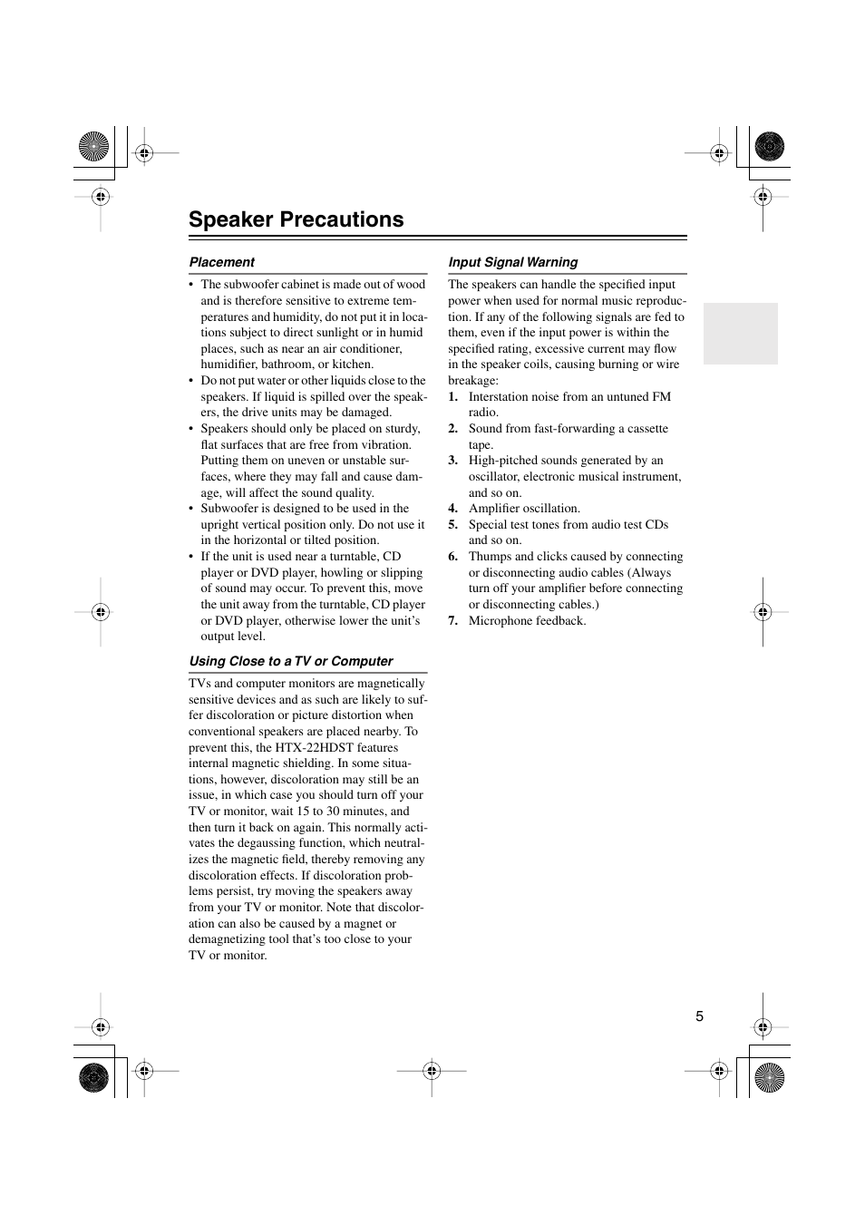 Speaker precautions | Onkyo HTX-22HD User Manual | Page 5 / 76
