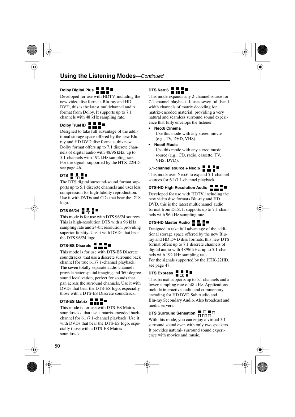 Using the listening modes | Onkyo HTX-22HD User Manual | Page 50 / 76