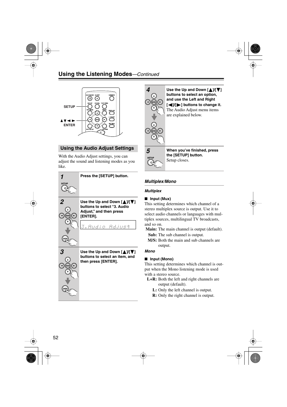 Using the audio adjust settings, Using the listening modes | Onkyo HTX-22HD User Manual | Page 52 / 76