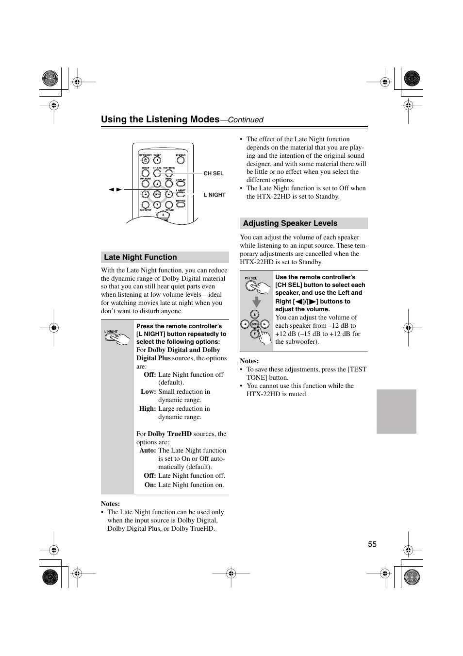 Late night function, Adjusting speaker levels, Late night function adjusting speaker levels | Using the listening modes | Onkyo HTX-22HD User Manual | Page 55 / 76