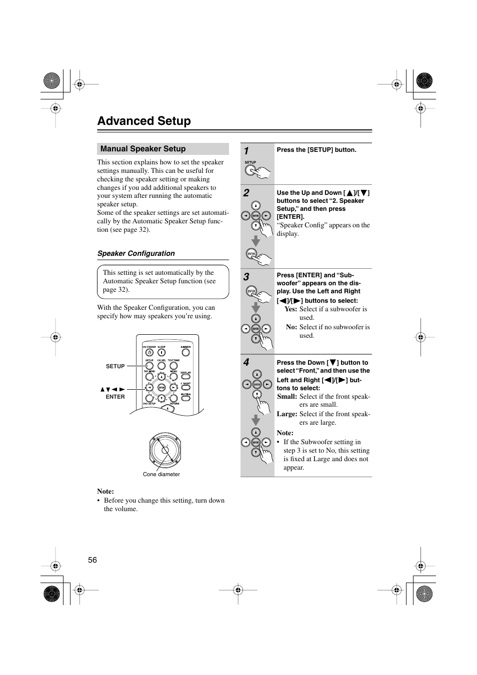 Advanced setup, Manual speaker setup | Onkyo HTX-22HD User Manual | Page 56 / 76