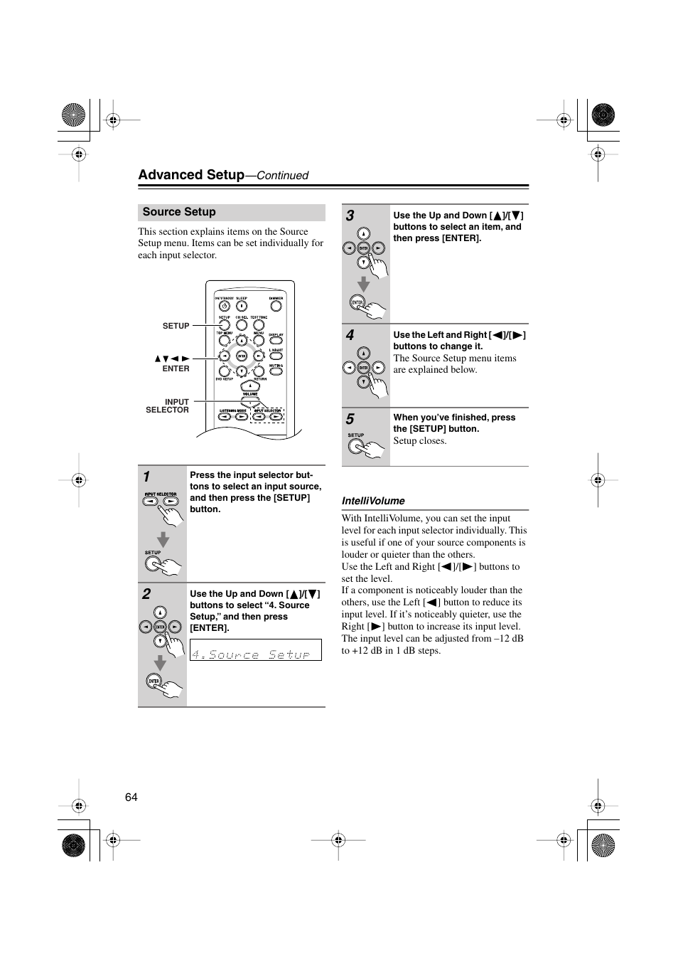 Source setup, Advanced setup | Onkyo HTX-22HD User Manual | Page 64 / 76