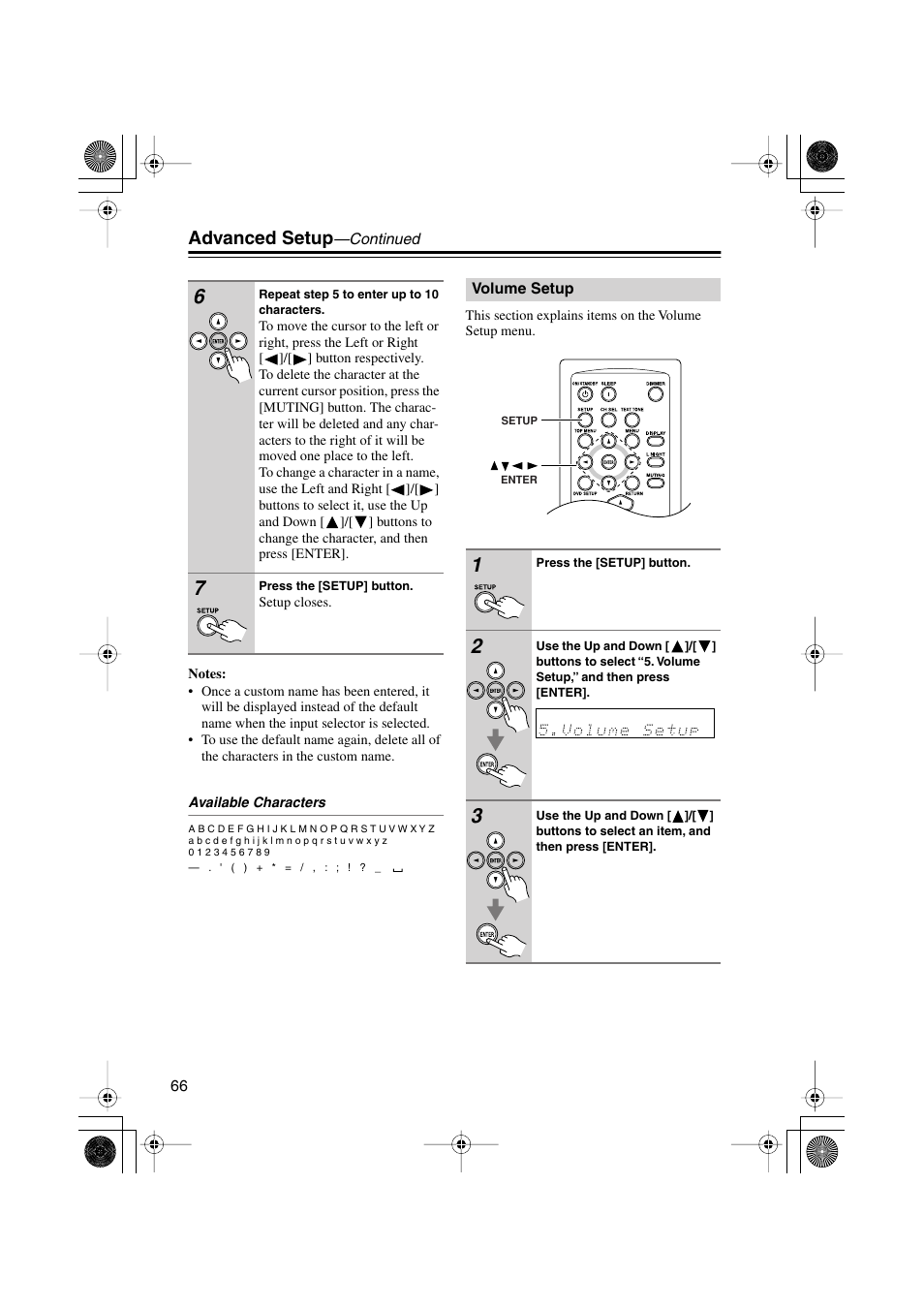 Volume setup, Advanced setup | Onkyo HTX-22HD User Manual | Page 66 / 76