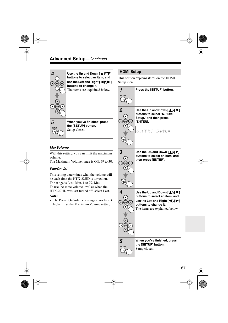 Hdmi setup, Advanced setup | Onkyo HTX-22HD User Manual | Page 67 / 76