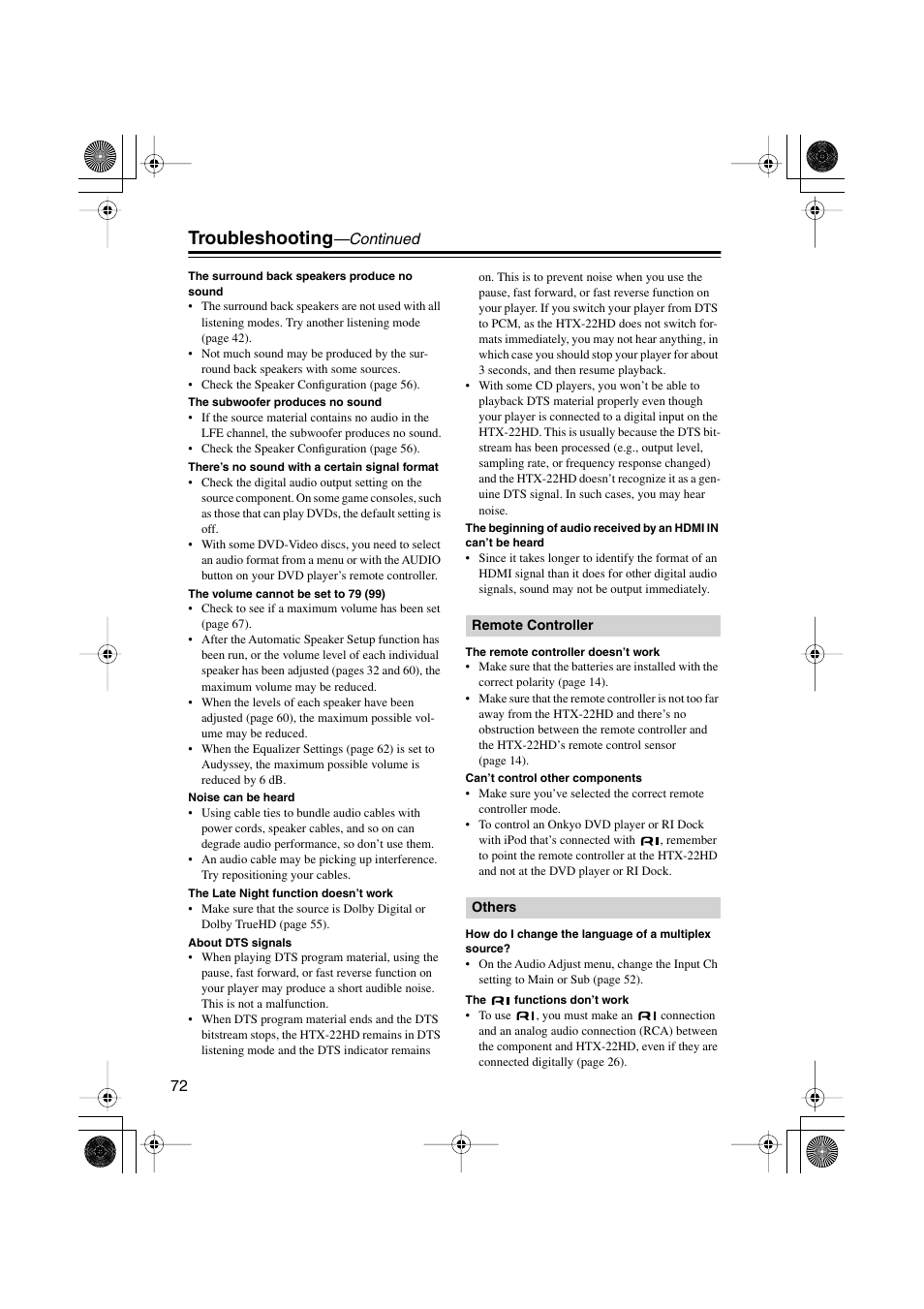 Troubleshooting, Continued | Onkyo HTX-22HD User Manual | Page 72 / 76