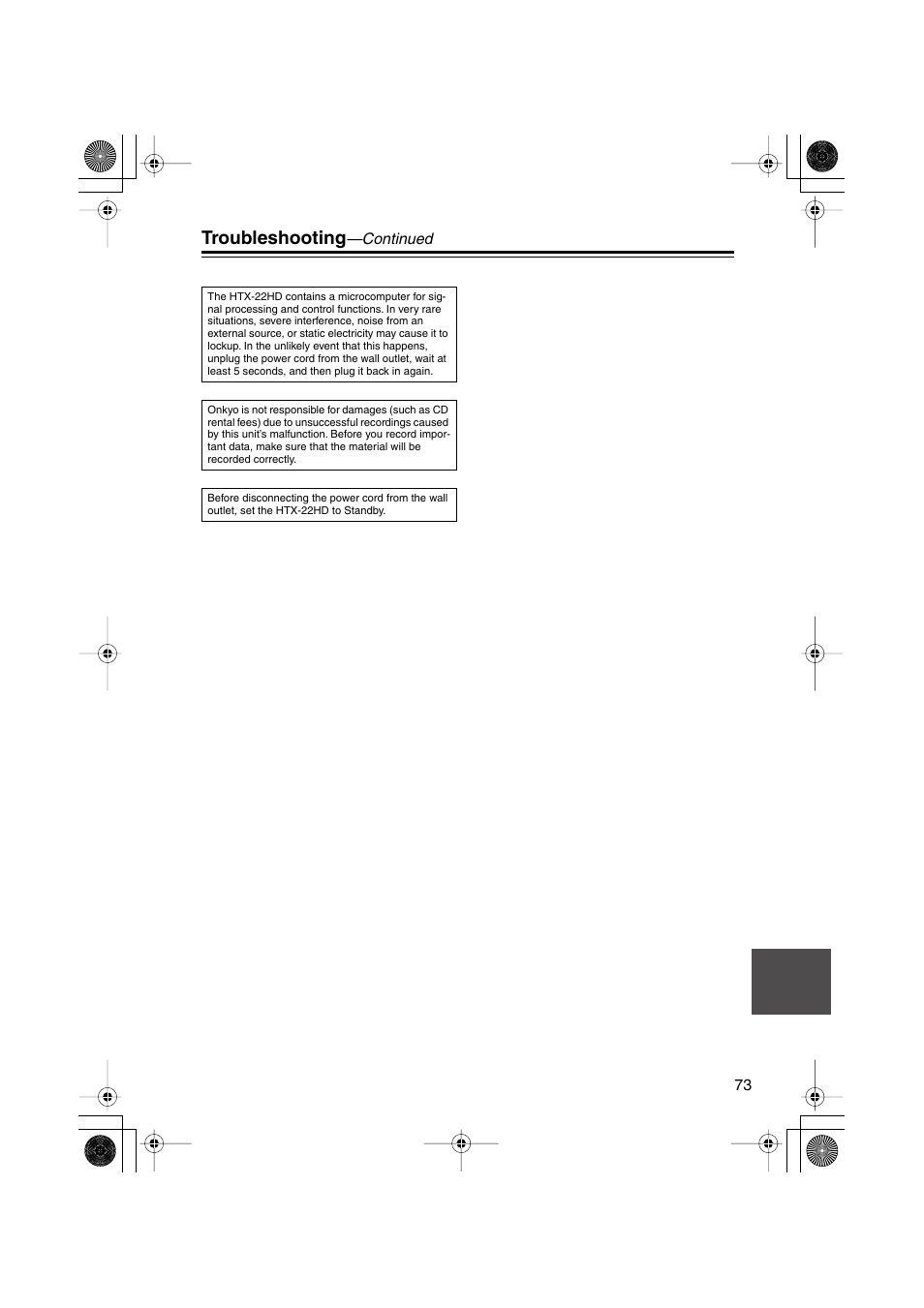 Troubleshooting | Onkyo HTX-22HD User Manual | Page 73 / 76