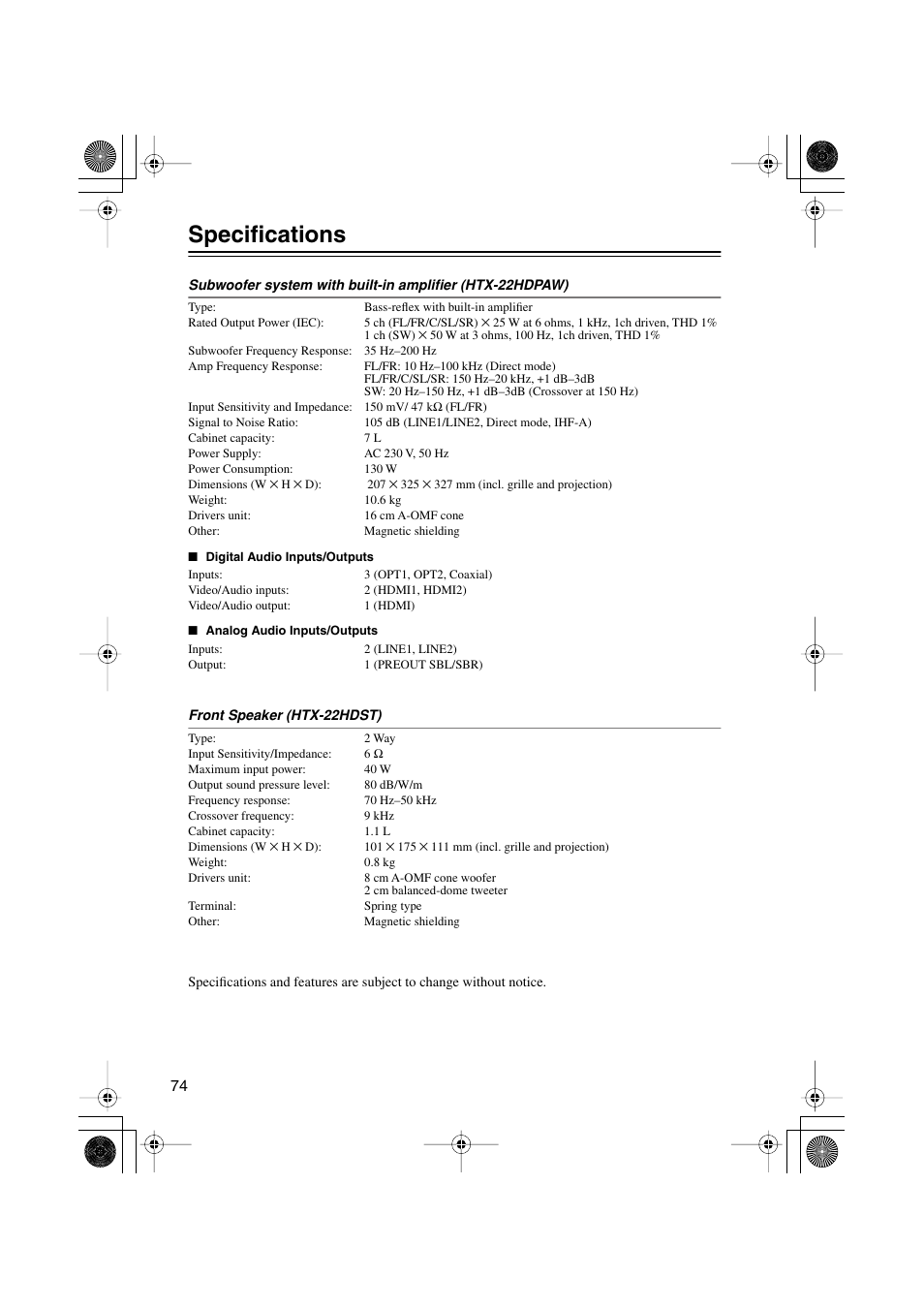 Specifications | Onkyo HTX-22HD User Manual | Page 74 / 76