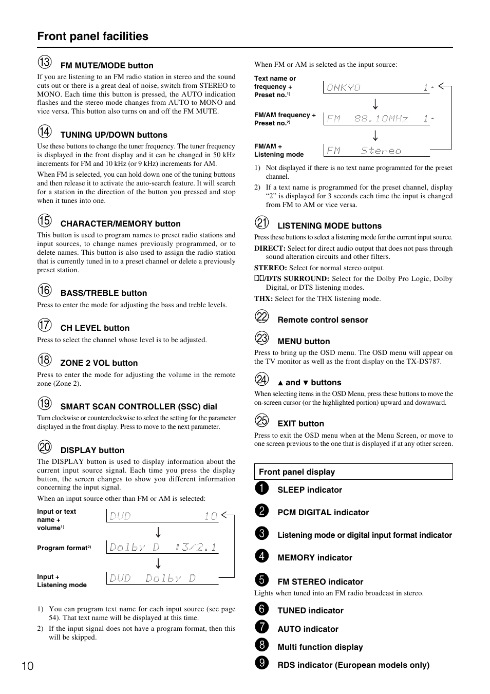 10 front panel facilities | Onkyo TX-DS787 User Manual | Page 10 / 76