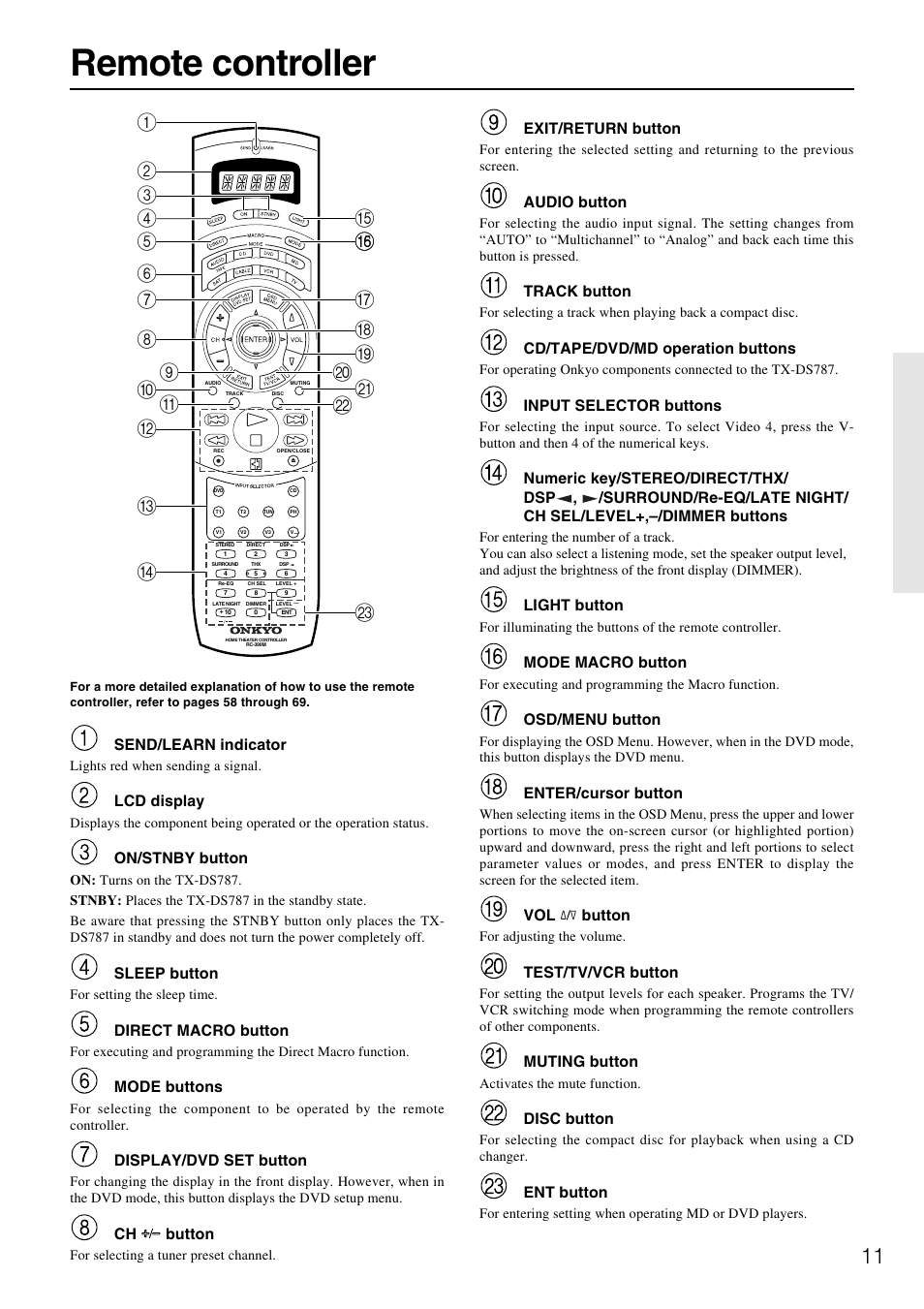 Remote controller | Onkyo TX-DS787 User Manual | Page 11 / 76
