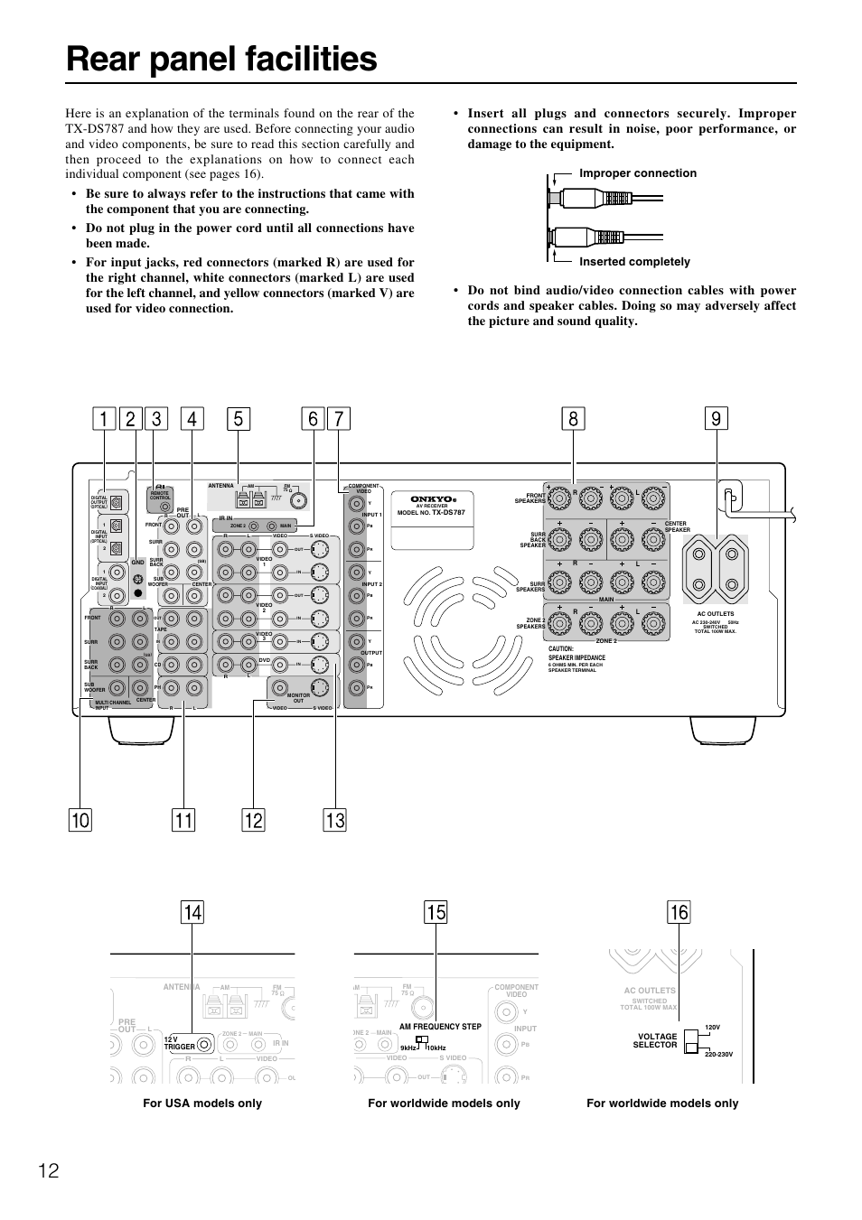 Rear panel facilities, For worldwide models only, For usa models only | Onkyo TX-DS787 User Manual | Page 12 / 76