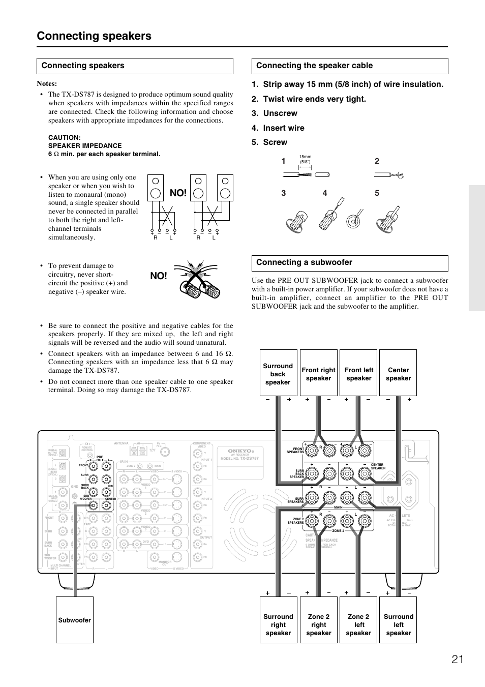 Connecting speakers, Zone 2 right speaker zone 2 left speaker | Onkyo TX-DS787 User Manual | Page 21 / 76