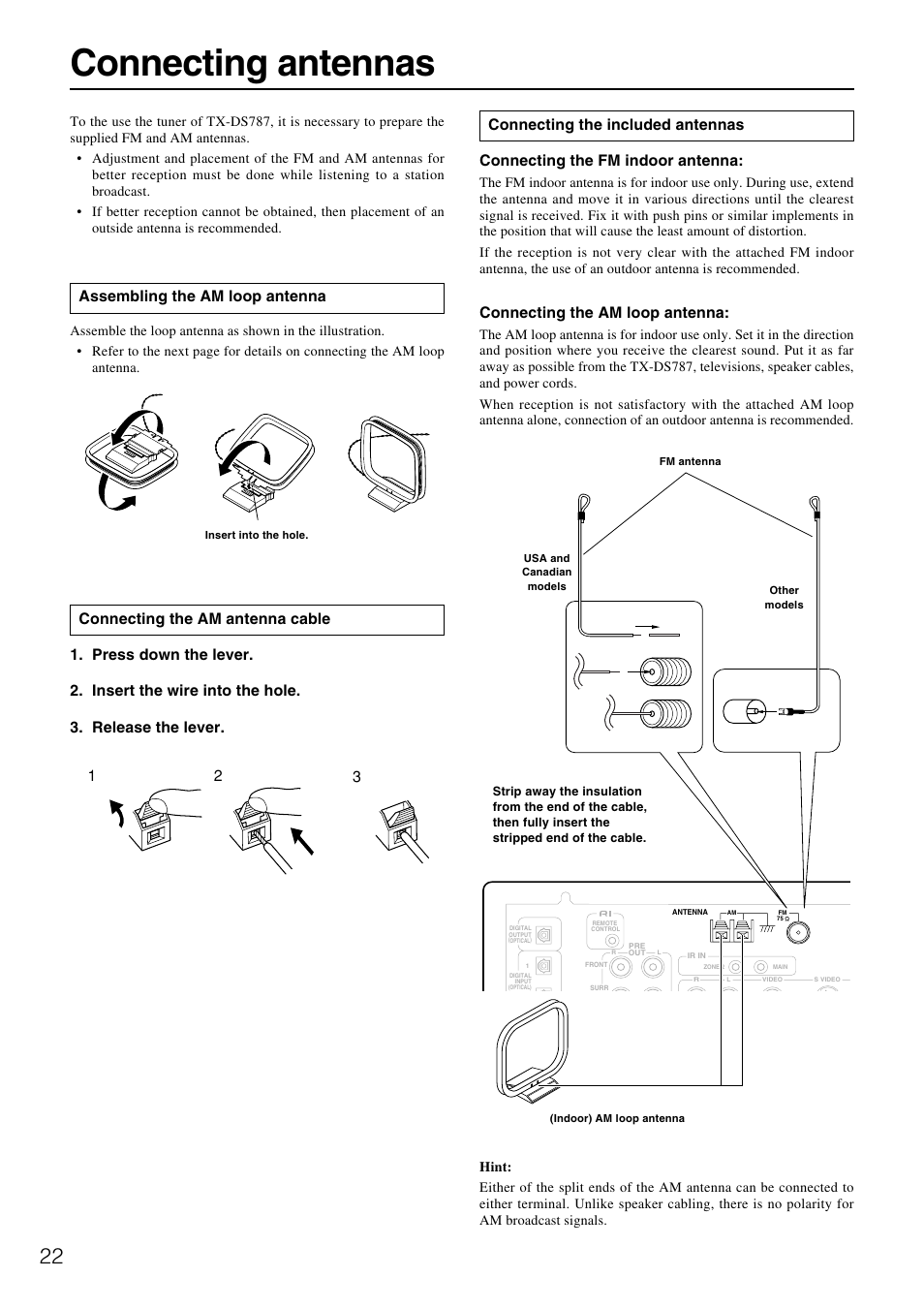 Connecting antennas, Connecting the am loop antenna, Assembling the am loop antenna | Onkyo TX-DS787 User Manual | Page 22 / 76