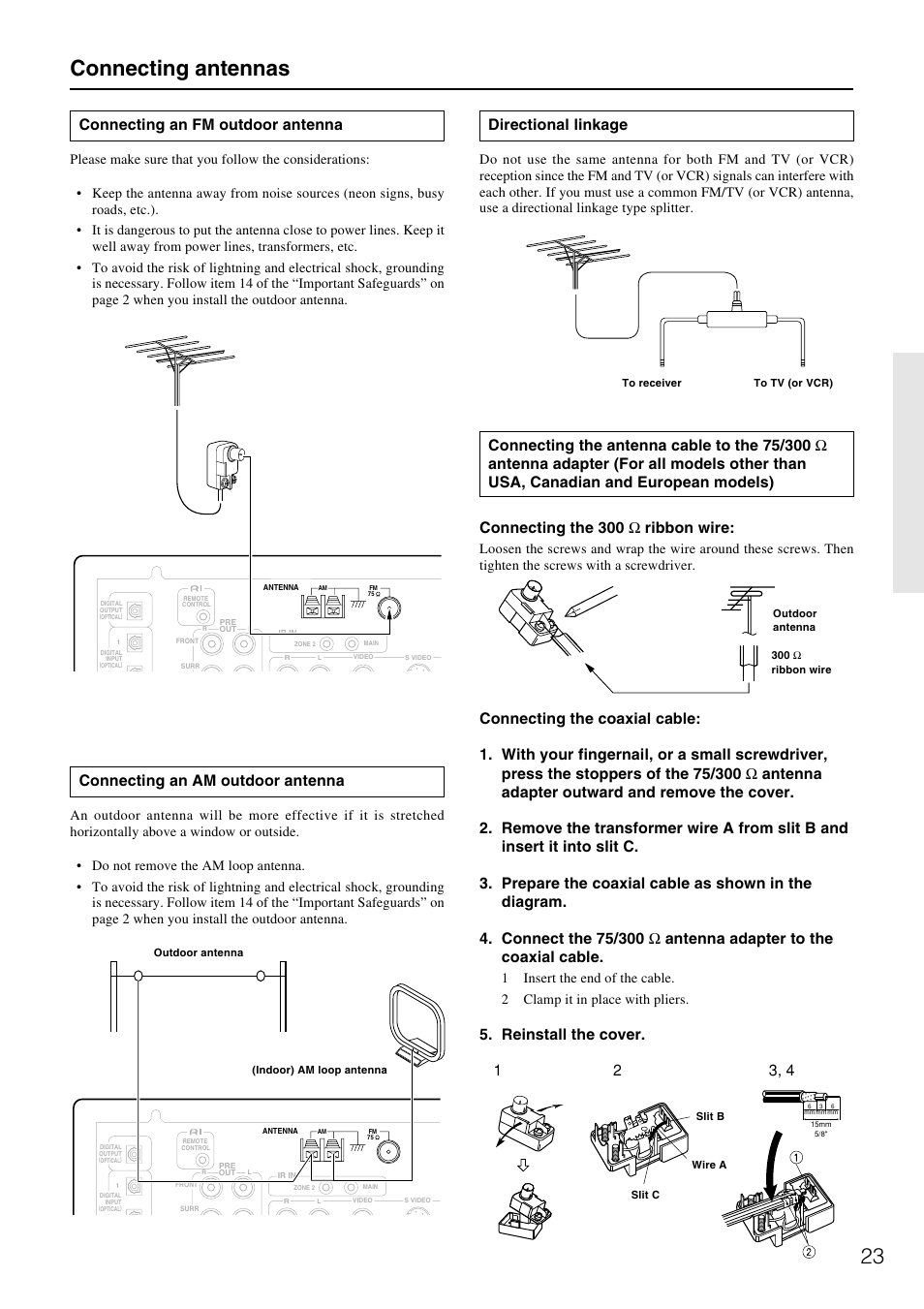 Connecting antennas, Directional linkage, Connecting an fm outdoor antenna | Onkyo TX-DS787 User Manual | Page 23 / 76