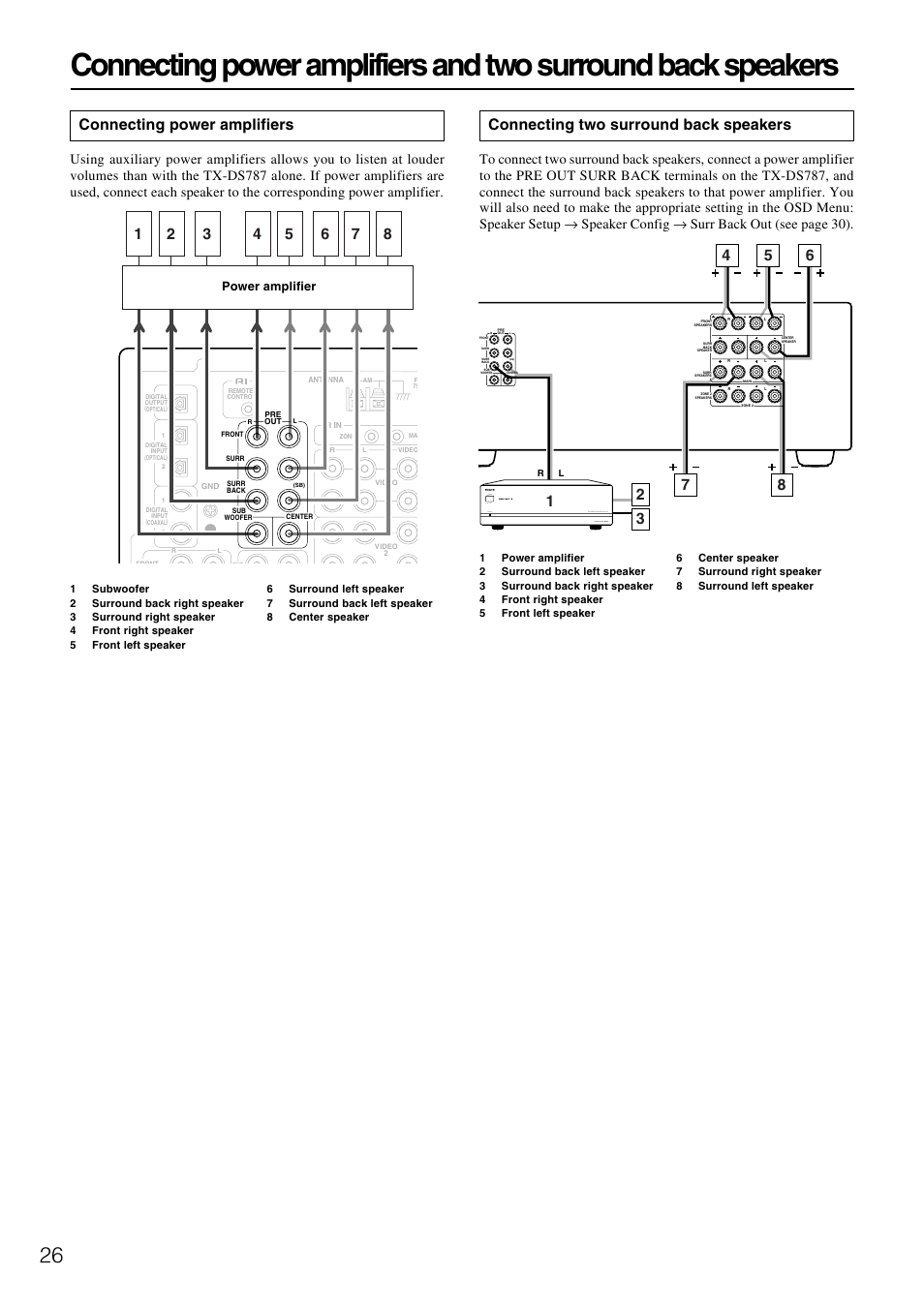 Connecting power amplifiers, Connecting two surround back speakers | Onkyo TX-DS787 User Manual | Page 26 / 76