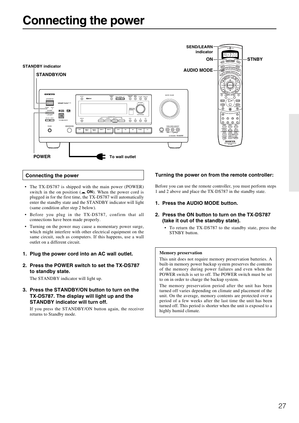 Connecting the power, Turning the power on from the remote controller, Power standby/on | On audio mode stnby, The standby indicator will light up, Standby indicator send/learn indicator | Onkyo TX-DS787 User Manual | Page 27 / 76