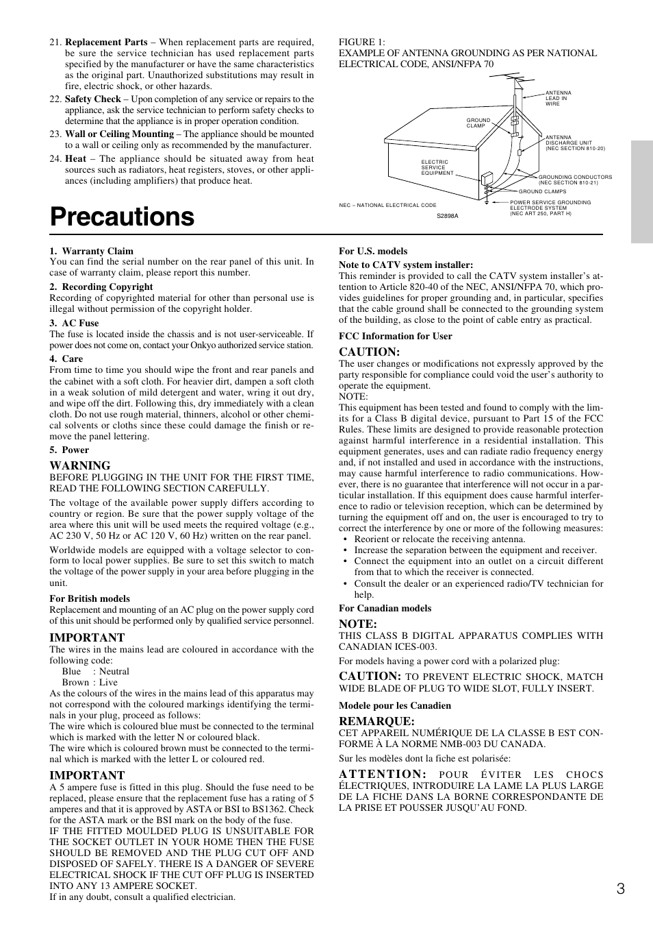 Precautions | Onkyo TX-DS787 User Manual | Page 3 / 76