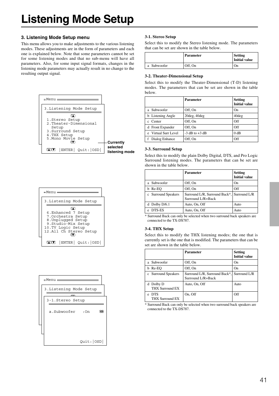 Listening mode setup | Onkyo TX-DS787 User Manual | Page 41 / 76