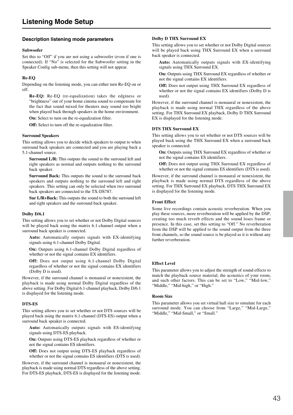 43 listening mode setup | Onkyo TX-DS787 User Manual | Page 43 / 76