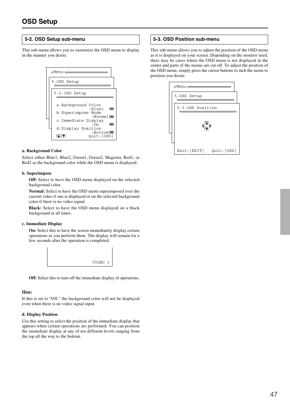 Osd setup | Onkyo TX-DS787 User Manual | Page 47 / 76