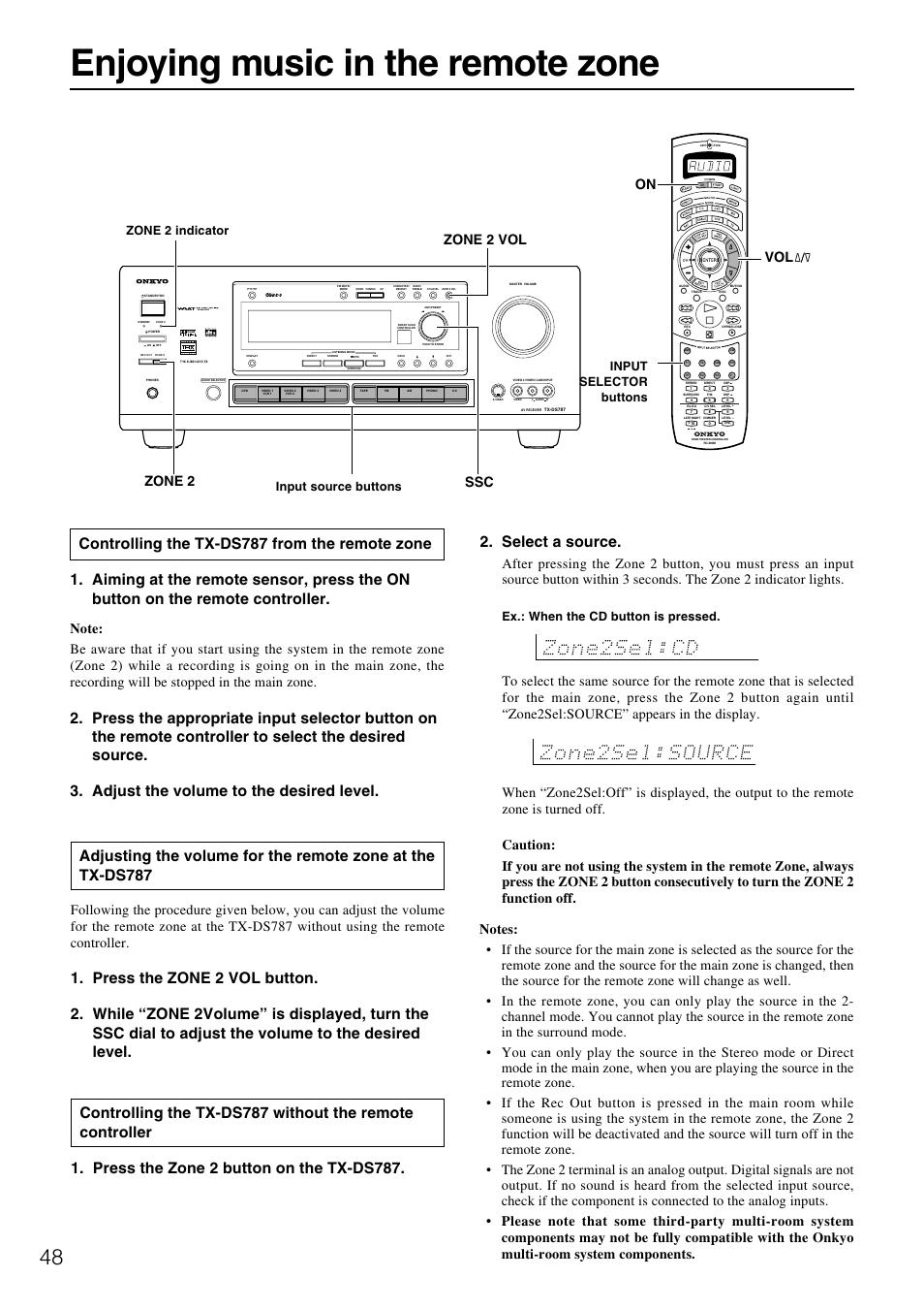 Enjoying music in the remote zone, Select a source, On vol zone 2 zone 2 vol ssc | Ex.: when the cd button is pressed | Onkyo TX-DS787 User Manual | Page 48 / 76